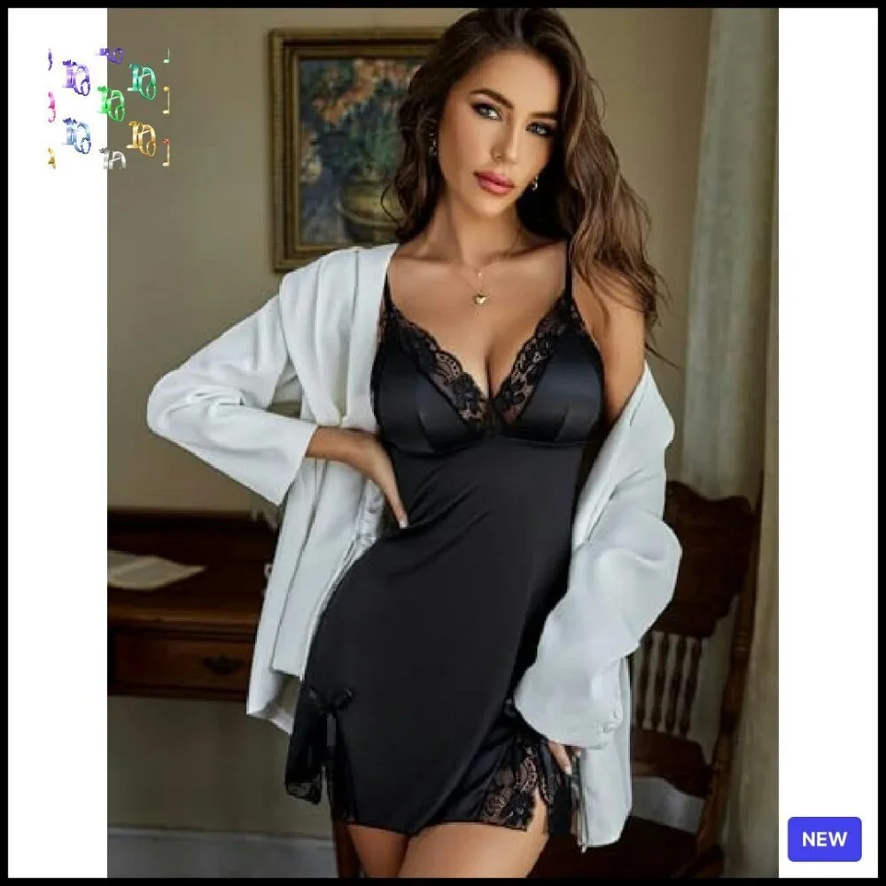 Satin Lace Mini Dress Elegant Chic Nightgown Adjustable Straps V Neck
